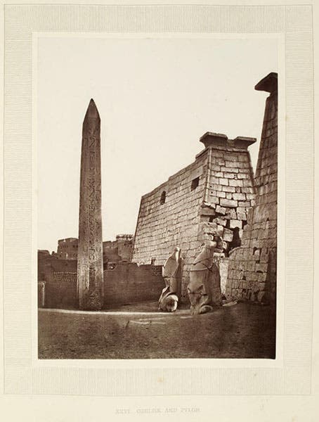 The surviving obelisk at Luxor. photograph by William de Wiveleslie Abney, in his Thebes and its Five Greater Temples, page 56r, 1876, University Library, Heidelberg (digi.ub.uni-heidelberg.de)