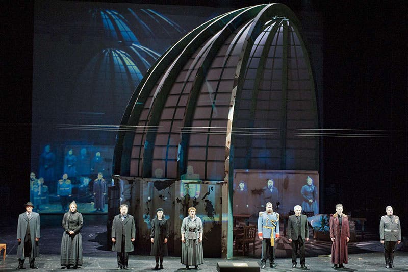 The final scene in Die Harmonie der Welt, by Paul Hindemith, as staged in 2017 in Linz, Austria; Kepler is third from the left (bachtrack.com)