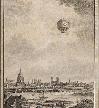 The launch of a Montgolfier balloon, Nov. 21, 1783, with Marquis d’Arlandes and Pilâtre de Rozier onboard, but not visible, engraved frontispiece, from Barthélemy Faujas-de-St.-Fond, <i>Description des expériences de la machine aérostatique</i>, 1784 (Linda Hall Library)
