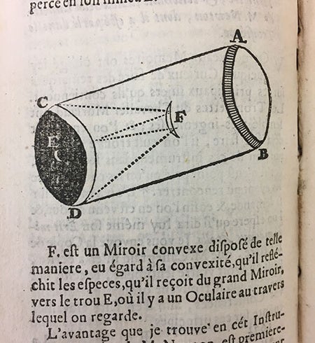 First printed image of Laurent Cassegrain’s design for a reflecting telescope, <i>Journal des Scavans</i>, Apr. 25, 1672 (Linda Hall Library)