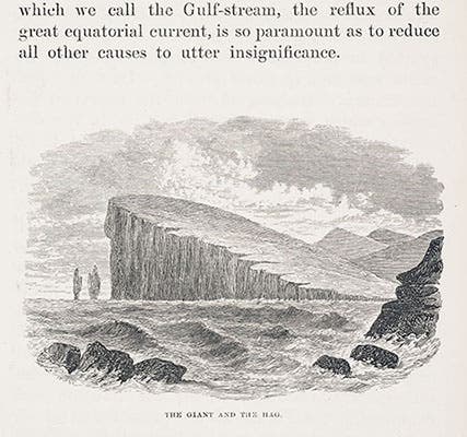 Tailpiece showing the “Giant and Hag” formation, northern Faroe Islands, wood engraving, from Thomson, Depths of the Sea, 1873 (Linda Hall Library)