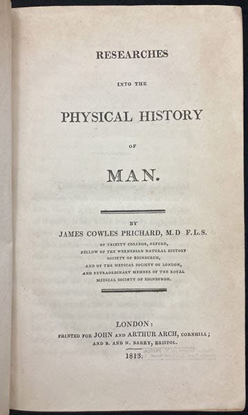 Title page, Researches into the Physical History of Man, by James Cowles Prichard, 1813 (Linda Hall Library)