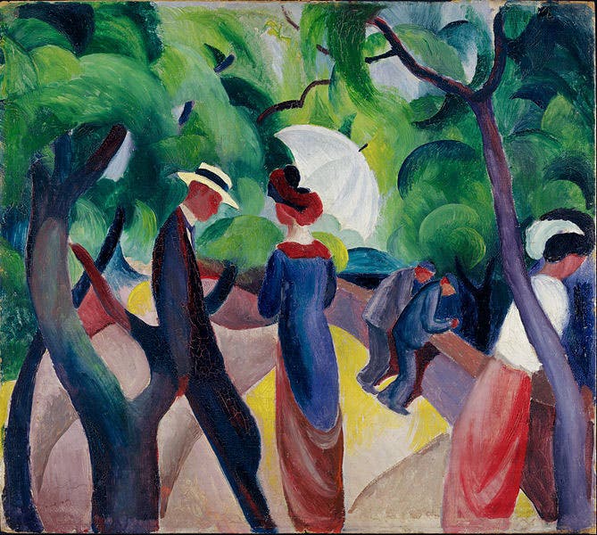 Promenade, by August Macke, oil on cardboard, Lenbachhaus, Munich, 1913 (Wikimedia commons)