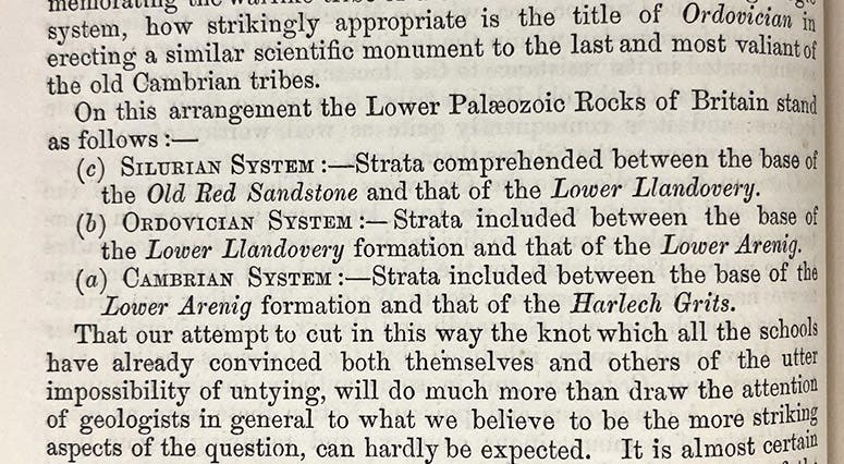 Proposal for an Ordovician system to lie between the Cambrian and Silurian systems, in Chales Lapworth, “On the tripartite classification of the Lower Paleozoic rocks,” Geological Magazine, vol. 26, p. 14, 1879 (Linda Hall Library)