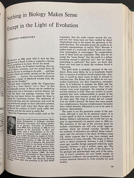 First page of an article with a now-famous title, by Theodosius Dobzhansky, The American Biology Teacher, March 1973 (Linda Hall Library)