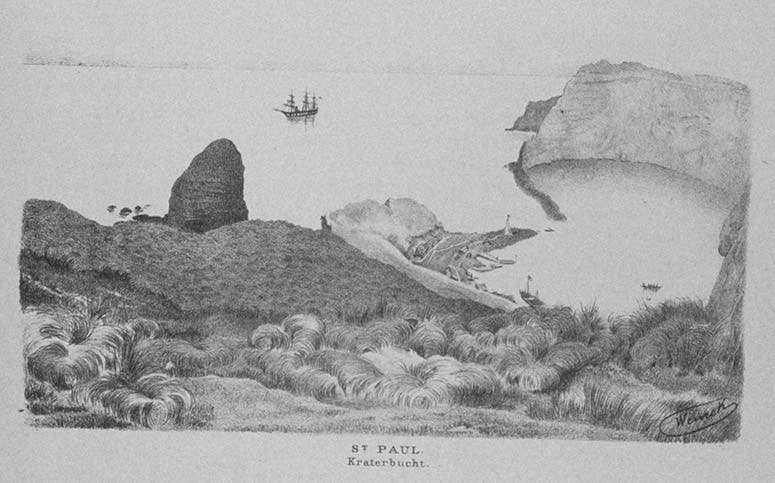 Drawing by Ladislaus Weinek of Crater Bay, St. Paul Island, Indian Ocean, with the ship Gazelle in the background, 1874, reproduced in print, 1877 (Wikimedia commons)