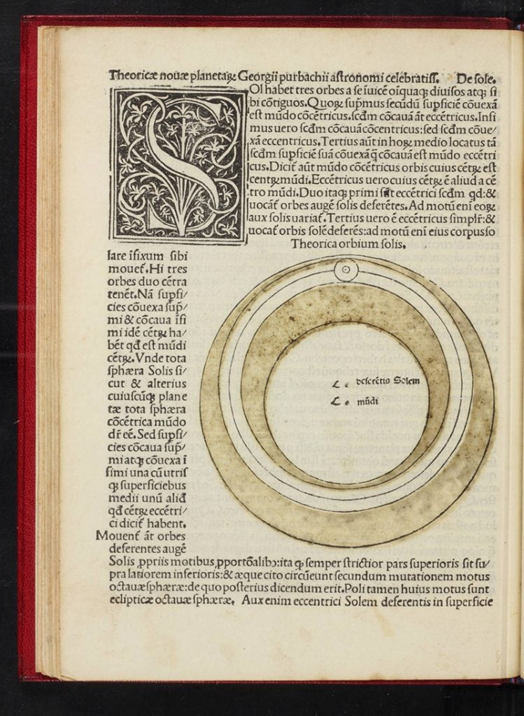 Orb of the Sun, two-color woodcut, from Peurbach, <i>Theorica nova planetarum</i>, in Sacrobosco, <i>Sphaera</i>, 1490 (Linda Hall Library)
