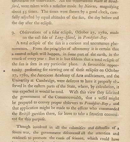 First page of article on the solar eclipse of Oct. 27, 1780, as viewed in Penobscot Bay, Maine, by Samuel Williams, <i>Memoirs of the American Academy of Arts and Sciences</i>, 1780-83 (Linda Hall Library)