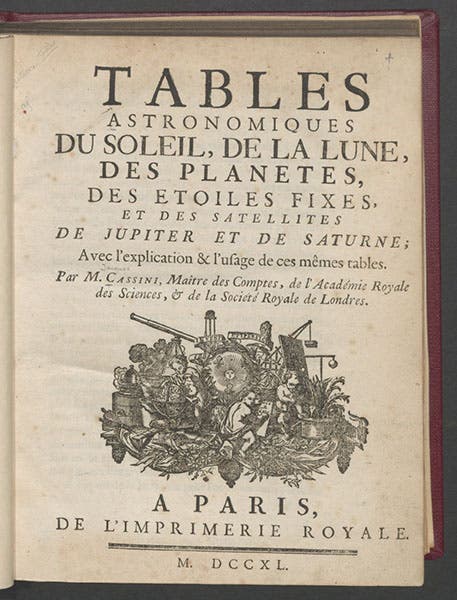 Title page, Tables astronomiques, by Jacques Cassini, 1740 (Linda Hall Library)