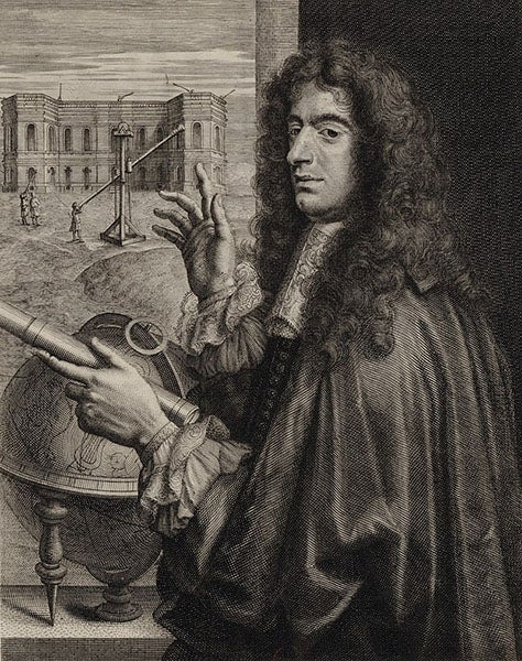 Portrait of Giovanni Domenico Cassini, engraving after an oil painting, with the newly built Paris Observatory and a Campani refractor in the background (Wikimedia commons)
