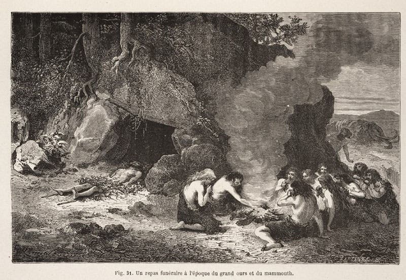 A funeral in the Epoch of the Great Bear and Mammoth, wood engraving after drawing by mile Bayard, in L'homme primitive, by Louis Figuier, 1870 (Linda Hall Library)
