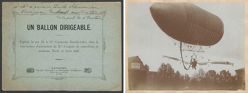 Front cover with presentation inscription, and a pasted-in photograph at the end, Constantin Danilewsky, Un balloon dirigeable, 1898 (Linda Hall Library)