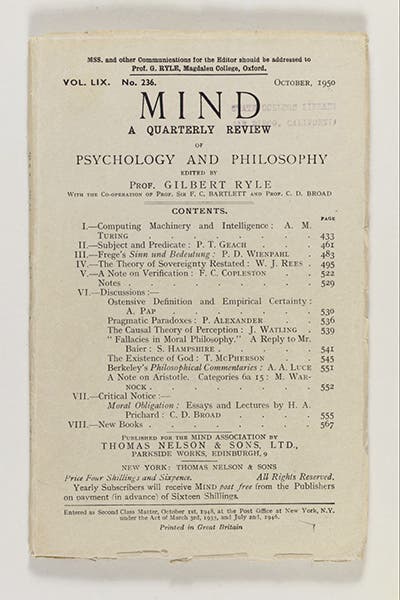 Cover of the October 1950 issue of Mind, which contains Alan Turing’s paper, “Computing machinery and intelligence.” (christies.com)
