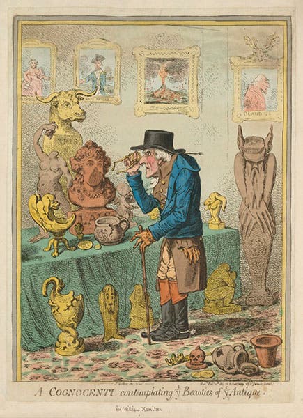 “A COGNOCENTI contemplating ye Beauties of ye Antique,” caricature of Sir William Hamilton, hand-colored etching by James Gillray, 1801, National Portrait Gallery, London (npg.org.uk)