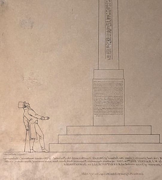 Detail of the lithographic stone in the fourth image, showing what is presumably William Bankes admiring his obelisk (Wikimedia commons)