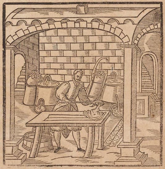 Alchemist, possibly Libavius himself, smelting tin, woodcut from Andreas Libavius, <i>Alchymia</i>, 2nd ed., 1606 (Linda Hall Library) 