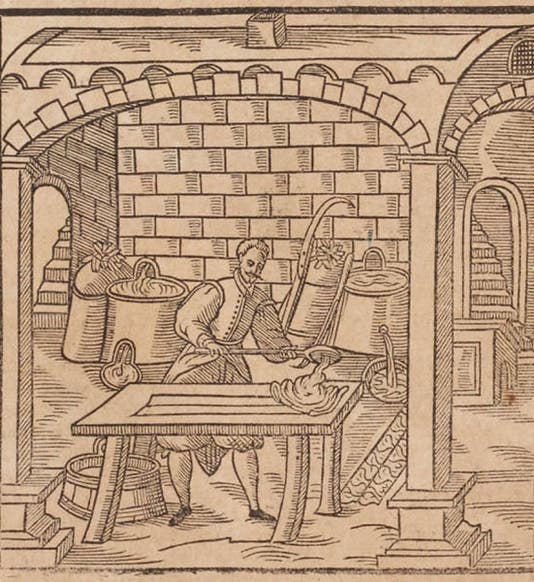 Alchemist, possibly Libavius himself, smelting tin, woodcut from Andreas Libavius, <i>Alchymia</i>, 2nd ed., 1606 (Linda Hall Library) 