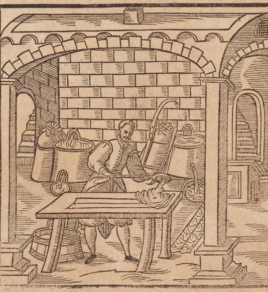 Alchemist, possibly Libavius himself, smelting tin, woodcut from Andreas Libavius, <i>Alchymia</i>, 2nd ed., 1606 (Linda Hall Library)