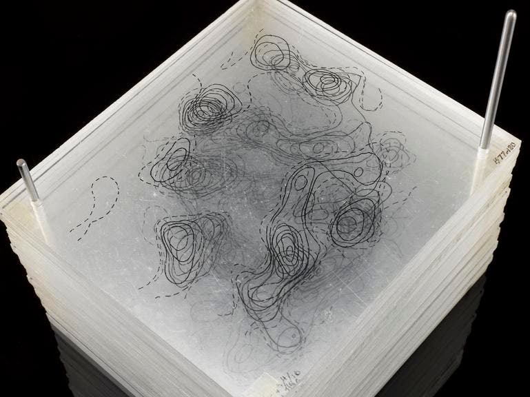 Electron-density maps of myoglobin, drawn on sheets of acrylic plastic and stacked, used to construct the sausage model, 1957, Science Museum, London (collection.sciencemuseumgroup.org.uk)