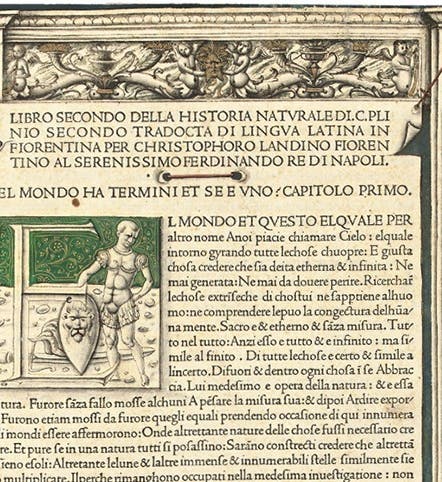 Detail of first page of book 2, Pliny the Elder, <i>Historia naturale</i>, translated by Cristoforo Landino, 1476, auctioned at Christie’s in 2010 (christies.com)