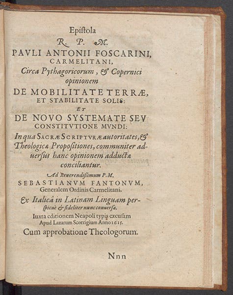 Epistola … circa Pythagoricorum, & Copernici opinionem de mobilitate terrae, by Paolo Foscarini, 1615, as published in Galileo Galilei, Systema cosmicum, 1635 (Linda Hall Library)
