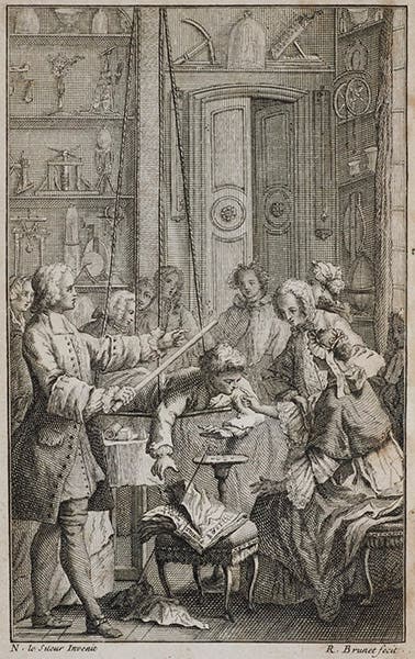 Experimenter with an electrified glass rod touching a boy suspended from silk cords, who in turn becomes electrified, from Abbé Nollet, Essai sur l'electricité des corps, 1746 (Wikimedia commons)