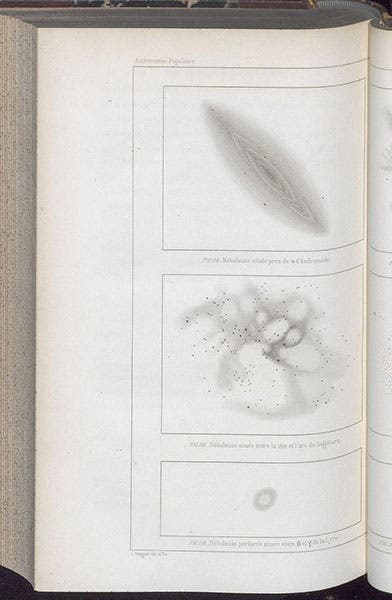 Three nebulae, including the Great Nebula of Andromeda at top, François Arago, Astronomie populaire, volume 1, 1854 (Linda Hall Library)