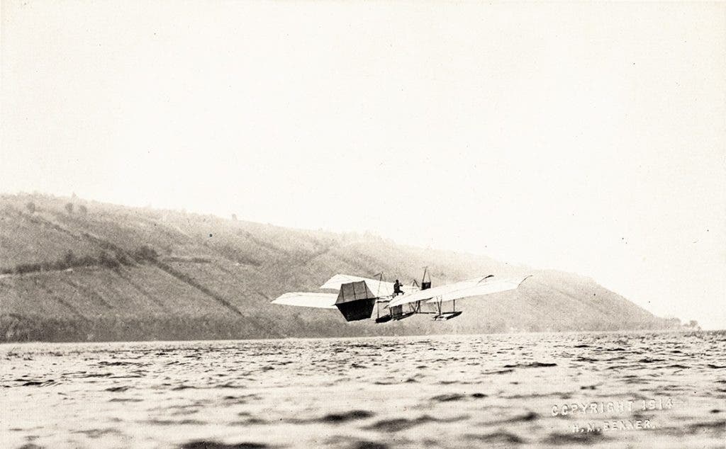 Langley’s Aerodrome takes flight above Lake Keuka near Hammondsport, New York, on September 17, 1914. Zahm, A. F. “The First Man-Carrying Aeroplane Capable of Sustained Free Flight—Langley’s Success as a Pioneer in Aviation.” Annual Report of the Smithsonian Institution, 1914. Government Printing Office, 1915. View Source.