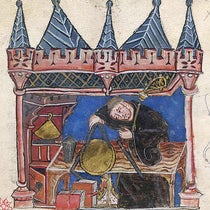 Richard of Wallingford, Abbot of St. Albans, constructing an astronomical instrument, illumination, MS Cotton Claud. E. iv, fol. 201r, 14th-century, British Museum (Wikimedia commons)