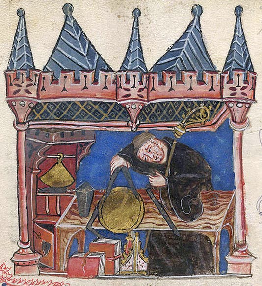 Richard of Wallingford, Abbot of St. Albans, constructing an astronomical instrument, illumination, MS Cotton Claud. E. iv, fol. 201r, 14th-century, British Museum (Wikimedia commons)