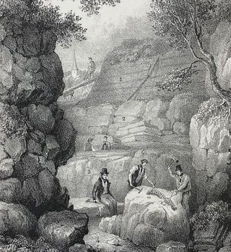 Searching for fossils in Tilgate Forest quarry, Sussex, detail of lithographed frontispiece, <i>The Geology of the South-East of England</i>, by Gideon Mantell, 1833 (Linda Hall Library)