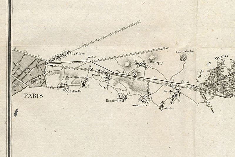 entry point of the Canal de l’Ourcq into Paris and termination at the Bassin de la Villette, detail of second image (Linda Hall Library)