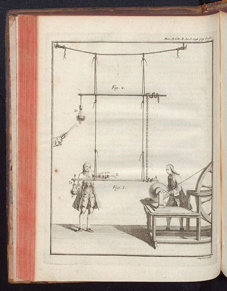 Pieter van Musschenbroek holding a charged Leyden jar and about to touch the prime conductor with his other hand, engraving by J. Ingram, accompanying an article by abbé Nollet, Mémoires de l’Académie Royale des Sciences, 1746, printed 1751 (Linda Hall Library)