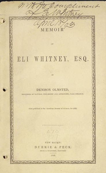 Front paper cover of Memoir of Eli Whitney Esq., by Denison Olmsted, 1846, with presentation inscription by Eli Whitney [III] (Linda Hall Library)