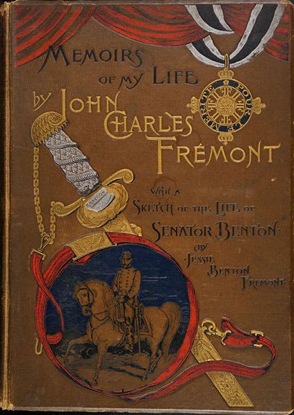 Gold-embossed stamped front cover of Memoirs of My Life, by John Charles Fremont, 1887 (Linda Hall Library)