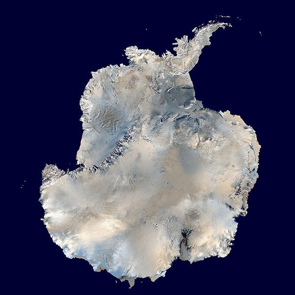 Antarctic continent, photograph from the Blue Marble Dataset, rotated from its usual orientation to put the Antarctic Peninsula at the top (Wikimedia commons)
