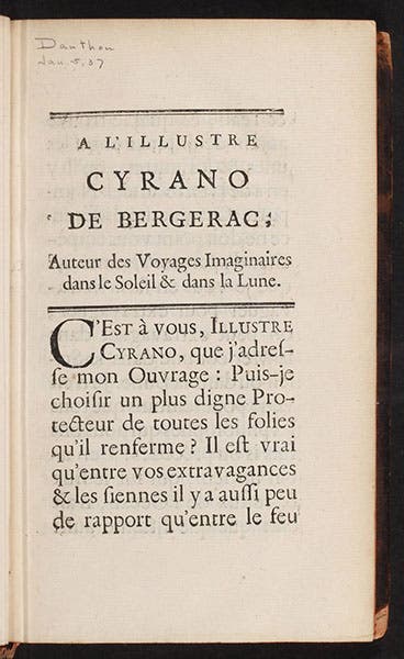 Dedication to Cyrano de Bergerac, from Telliamed, by Benoît de Maillet, 1748 (Linda Hall Library)