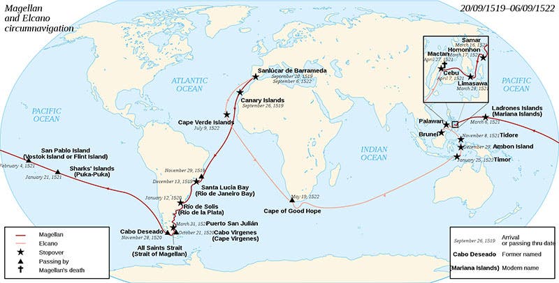 Modern map of the circumnavigation voyage of Ferdinand Magellan, continued by Juan Elcano, 1519-1522 (Wikimedia commons)