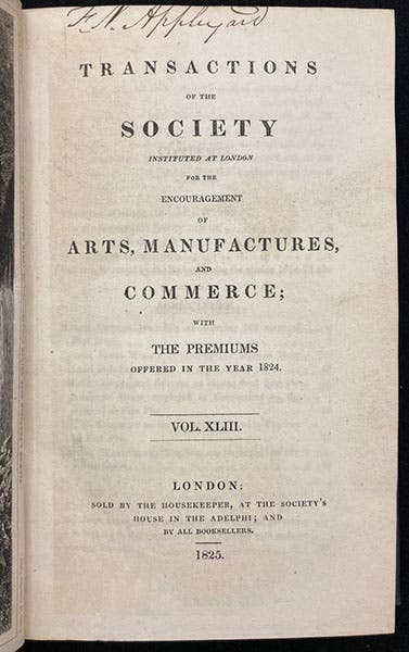 Title page, Transactions of the Society, Instituted at London, for the Encouragement of Arts, Manufactures, and Commerce, vol. 43, 1825 (Linda Hall Library)