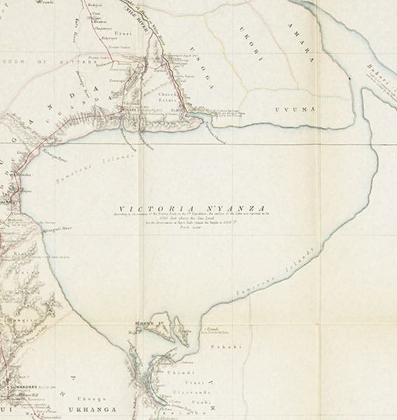 Detail of map in third image, showing Lake Victoria and the outflow to the north that Speke claimed gave rise to the Nile (Linda Hall Library)