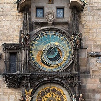 Prague Astronomical Clock, Clock Tower, Old Town Hall, Czech Republic; the astrolabe dial is in the center, the calendar dial below, and the windows for the apostles above, photograph by Steve Collis, 2012 (Wikimedia commons)