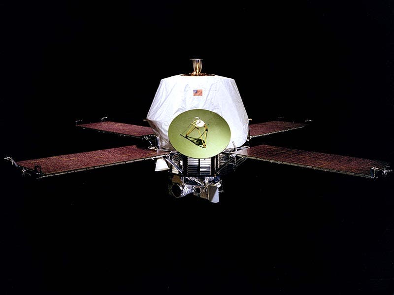 The press-release photo of Mariner 9 in simulated orbit, with its solar panels extended to make it about 22 feet across (nssdc.gsfc.nasa.gov)