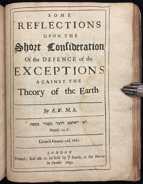 Title page, Erasmus Warren, Some Reflections upon the Short Consideration of the Defence of the Exceptions against the Theory of the Earth, 1692 (Linda Hall Library)