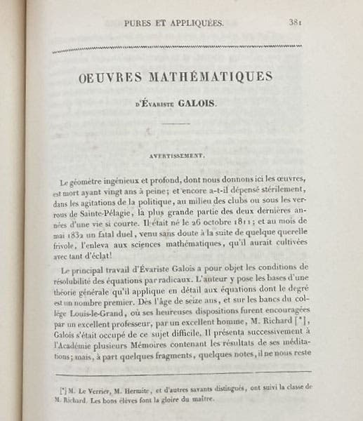 Joseph Liouville’s introduction to the reprinting of the papers and letter of Évariste Galois, Journal de Mathématiques pures et appliquées, vol. 11, 1846 (Linda Hall Library)