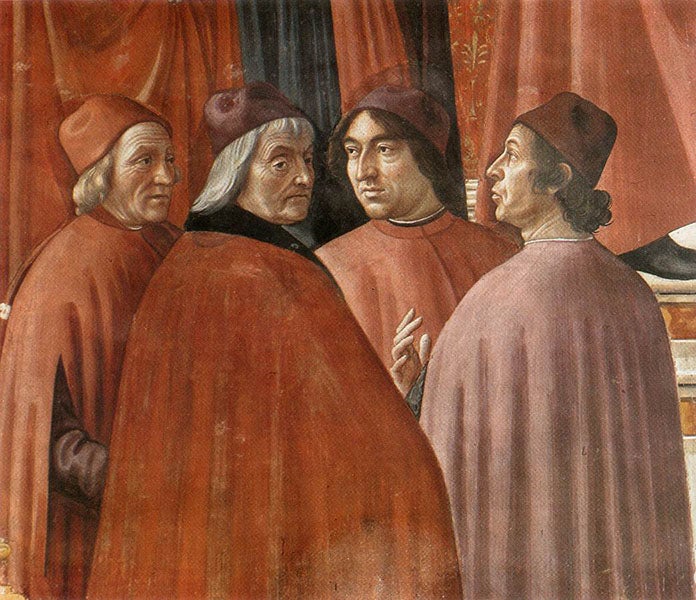 Detail of fifth image, Angel Appearing to Zacharias, showing four humanists in left foreground; Angelo Poliziano is second from the right, with Marsilio Ficino at far left (Web Gallery of Art)