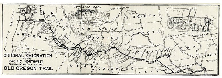 Modern map of the original Oregon Trail; Lander’s Road would cut across the dip between Devil’s Gate and old Fort Hall, in western Wyoming and eastern Idaho (Wikimedia commons)