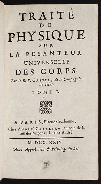 Title page, Traité de physique, by Louis Castel, vol. 1, 1724 (Linda Hall Library)