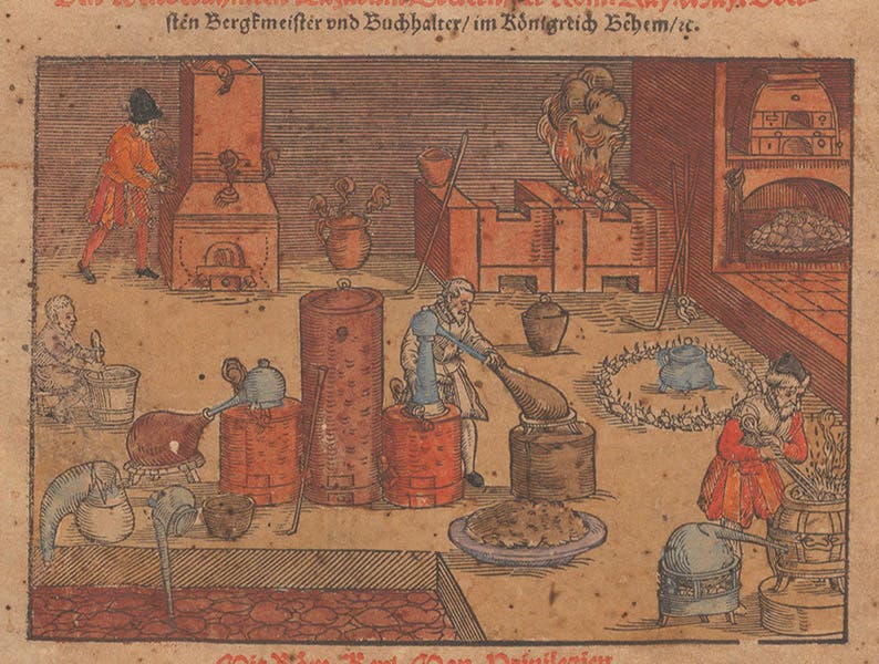 An assayer’s laboratory, detail of hand-colored woodcut vignette, Lazarus Ercker, Beschreibung, 1580 (Linda Hall Library)