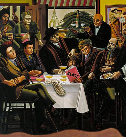 <i>The Vorticists at the Restaurant de la Tour Eiffel: Spring, 1915</i>, by William Roberts, oil on canvas, 1962, the Tate. Edward Wadsworth is seated at the far right (tate.org.uk)
