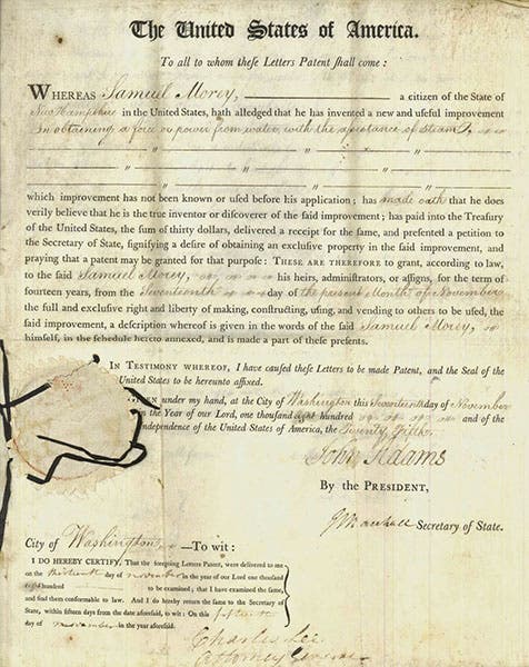 Patent X306, issued to Samuel Morey for "Force from Water with Assist of Steam,” 1800 (Dartmouth Library)